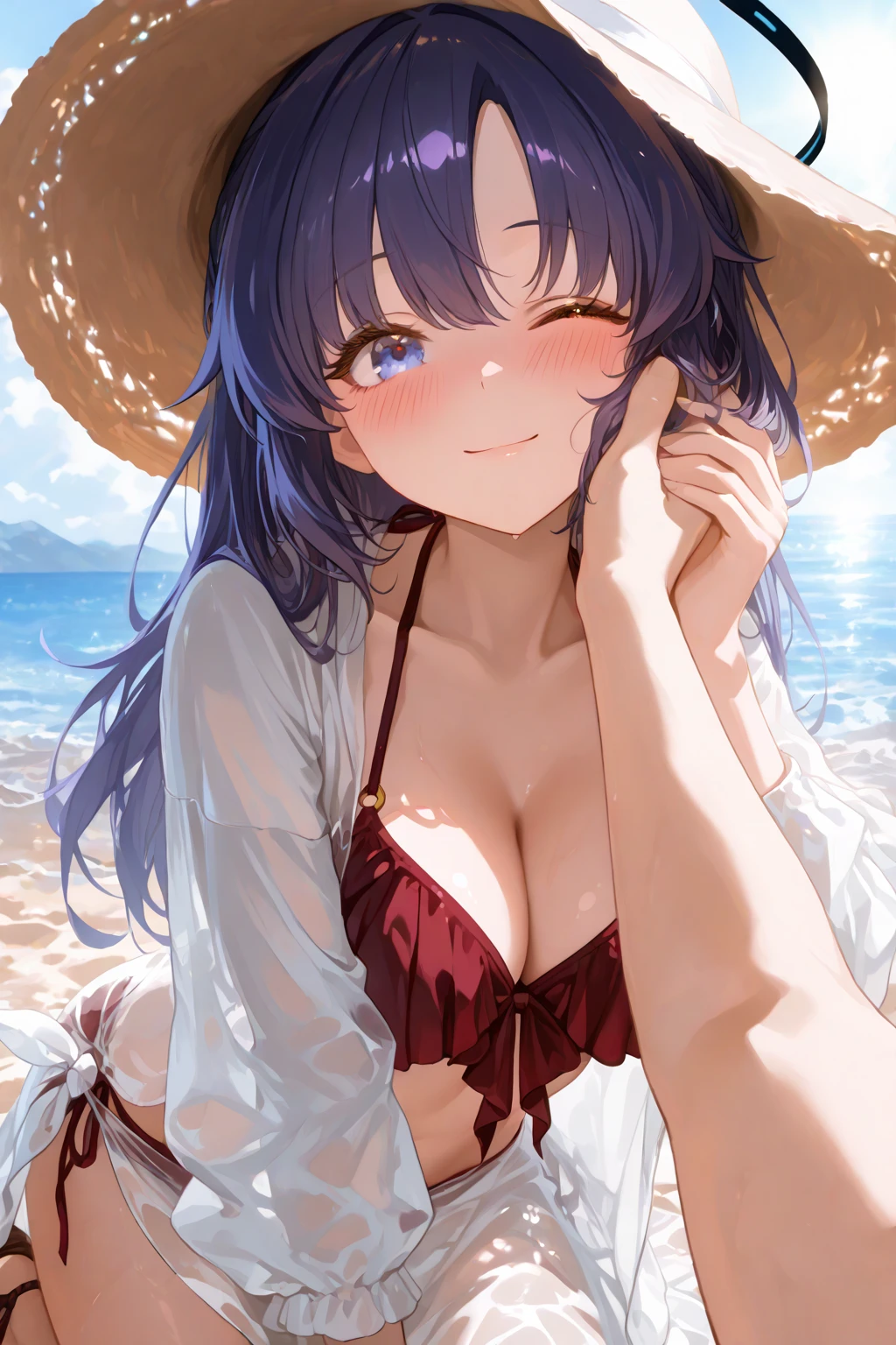 Highest quality, masterpiece, , ,short, Huge breasts, Gray Hair,Low twin tails, Purple eyes, Yukinecris, Thin twin tails,, Beach, Ocean, White Dress, White Skirt, White dress, Straw hat, (((shy))), (Happy), Leaning forward, summer, From above, Reaching out, smile,