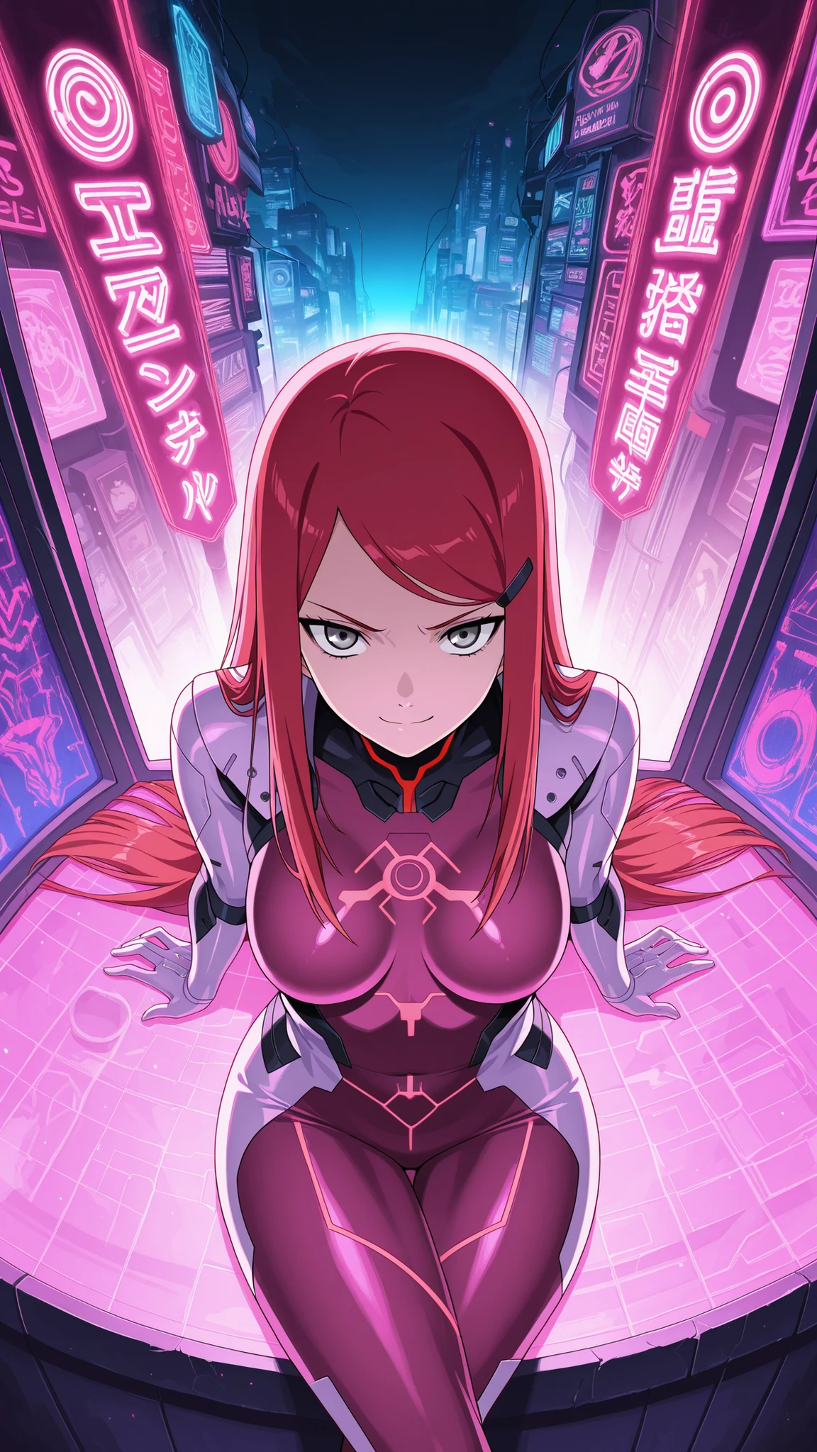 ,BREAK (masterpiece:1.2), best quality, high resolution, unity 8k wallpaper, (illustration:0.8), ultra-detailed cyberpunk city, massive neon explosion in the sky, glass skyscrapers glowing in toxic pinks, greens, purples, neon signs everywhere, streets reflecting the chaos of color, oversaturated hues, vibrant reflections, cinematic lighting, surreal color burst, intense atmosphere, 8k, masterpiece, synthwave tones, nightscape, kushina, long hair, hair ornament, red hair, hairclip, grey eyes, swept bangs, medium breasts, tight glossy pink bodysuit with deep neckline and neon trims, translucent fabric accents flowing from her waist, glowing medical symbol on her back, confident smirk,looking at viewer,cowboy shot,wide-angel,sexy pose,transparent coat,sitting cross legs,from above,serious face