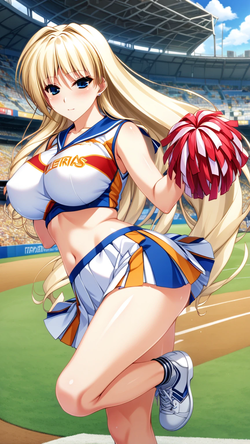 High quality、16 km race、anime screen capture、(NSFW)、((((Big breasts that are about to burst))))、(obesity)、(thick thighs)、(golden hair)、(Drill perm)、 Forehead、(long hair)、(dripping sweat)、((swelling of nipples))、((one eye closed))、blue bikini、(White mini skirt)、white panties with red ribbon、Cheerleader、((green eyes、please put your hands behind your head))、Stadium seats、((Milf spreading her legs))、(((:d)))、