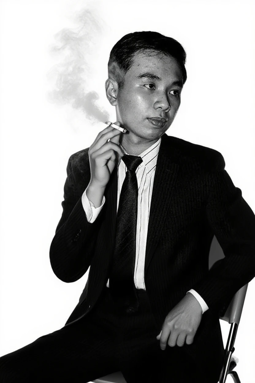 The Aalfed man in a suit sat in a chair smoking a cigarette, yanjun cheng, yihao ren, Zhongyuan Zheng Lei, yangjun chen, wenjun lin, reuben wu, jaeyeon nam, ryan jia, jeremy cheung, Lin Qifeng, xintong chen, Cao Shuxian, xision wu, chengwei pan, peter xiao