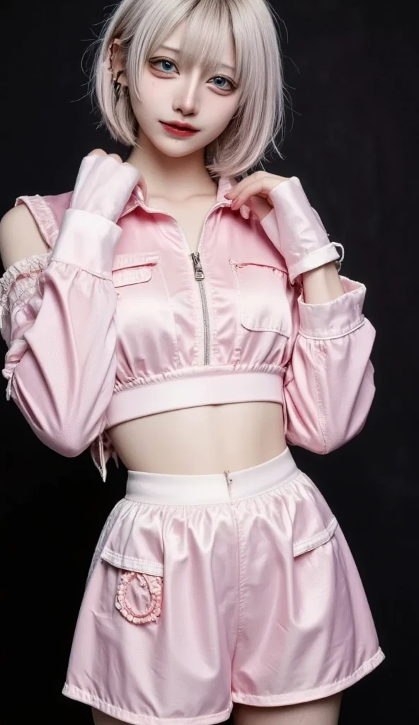 detailed face: 1.4)((ultra high detail satin idol outfit：1.5 )),(detailed face: 1.5), （best quality：1.5）, (detailed face: 1.4)best quality, masterpiece,kpop idol,((ultra high detail latex idol outfit：1.5 )),((ultra high detail latex idol outfit：1.7)),(( midriff pink latex puffer jacket:1.7))) ((High Detail shiny pink-white latex cropped down jacket :1.8)),,((highleg skimpy croch))) (((high detail white twe-tone satin shirt:1.9))) (ultra high detail garter belt garter straps:1.2),(bulge:1.6),(black straight hair;1.8 ),(ultra high detail intricate thigh lace-up boots:1.3)