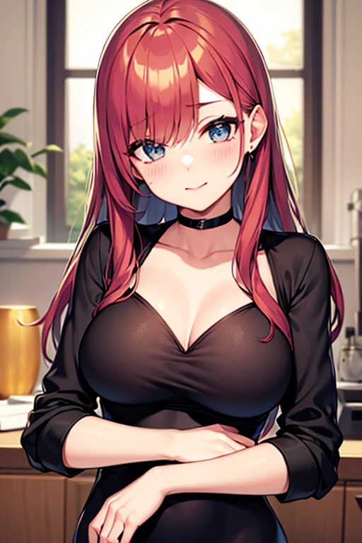 Makima, ringed eyes, light-red hair, braided ponytail, bangs, yellow eyes,(8K)、(Top image quality:1.5)、solo、masterpiece、Delicat eyes、delicated face、Colossal chest:1.2