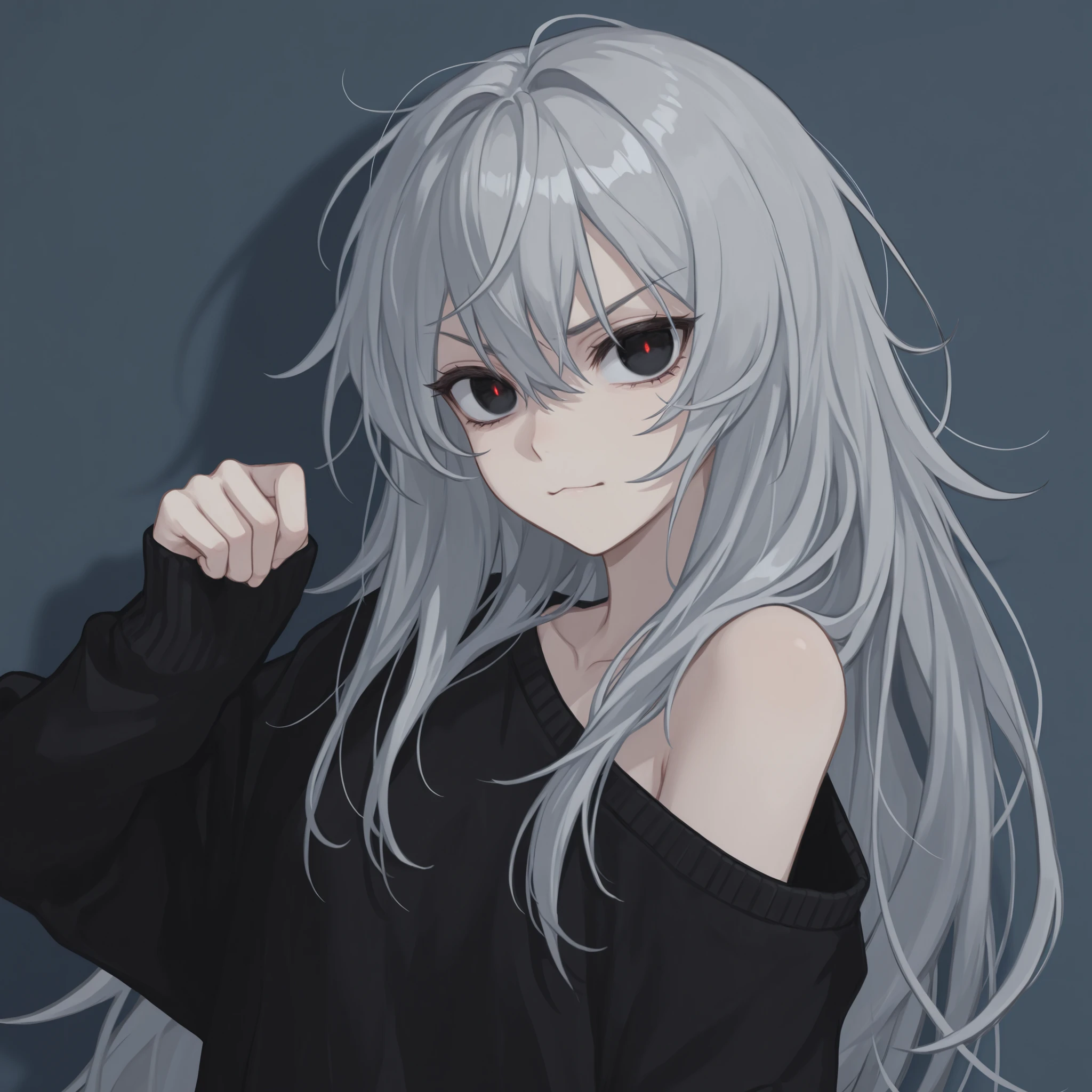 (looking at viewer, glaring at viewer, cowboy shot:1.22), (portrait, standing at attention, disciplined, side shot, medium shot, three quarter shot:1.5), young, (1girl:0.75), solo, masterpiece, best quality, amazing quality, very aesthetic, high resolution, ultra-detailed, (soft shading, soft shadows, volumetric light:1.14), gray hair, long messy hair, black eyes, glowing eyes, cute pose, nyan pose, oversized sweater, loose shirt, exposed shoulder, :3