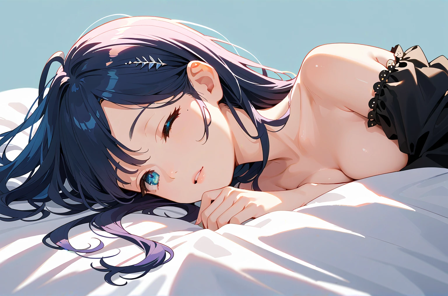 1 girl, long purple hair, blue eyes, wearing bikini, on bed, high res, ultrasharp, 8K, masterpiece, prone lying
