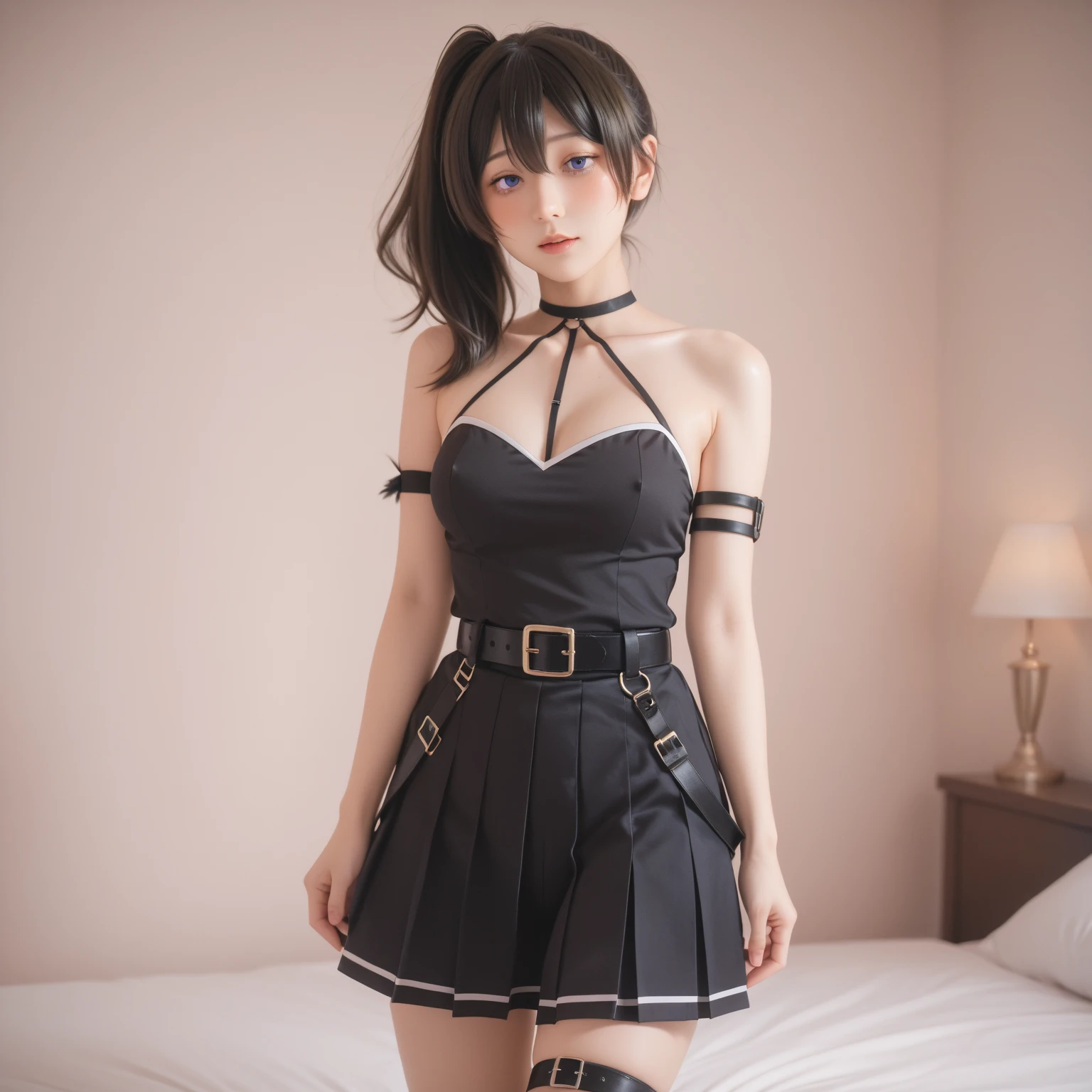 (8x_NMKD-Superscale_150000_G),(8K, Super high quality,highest quality),(masterpiece:1.5),(Head to knee photo Standing),(Hands behind back),(iron collar:1.5),(Multiple girls),(18 years old),(Black bikini Pleated micro mini skirt),A girl brainwashed by a dictatorial state wears a collar, a black bikini and a pleated micro miniskirt, and pledges loyalty and becomes a soldier.,Alignment,exposing cleavage