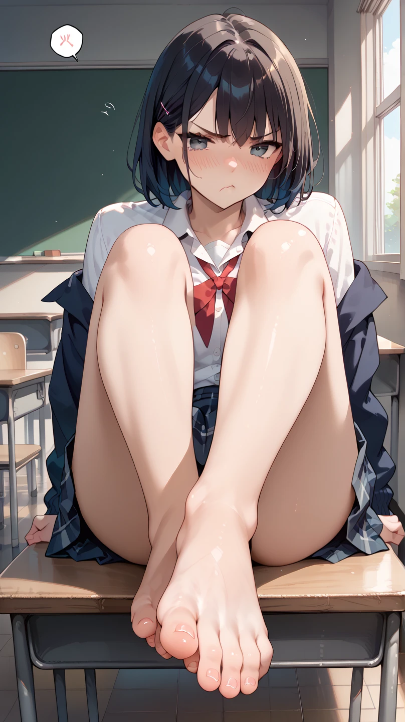 A boy, skinny, cute, classroom in background, legs open, large area of bare skin, small breasts, transparent white shirt, transparent panties, jumping eggs, wearing white stockings, perfect skin texture, black hair, blush, touching the lower body with hands, big ass, anime,