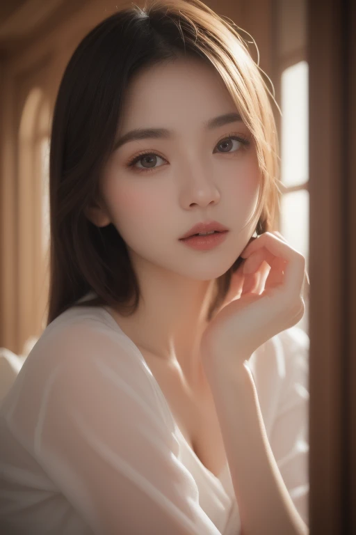 masutepiece, Best Quality, Illustration, Ultra-detailed, finely detail, hight resolution, 8K Wallpaper, Perfect dynamic composition, Beautiful detailed eyes, Tight Mini,Medium Hair,small tits,Natural Color Lip, Randomly sexy poses,Harajuku、20 years girl、Cute、Sexy shot looking at camera, Eyes closed、Deep sadness、Sorrow、look up sky、a room、Background blur