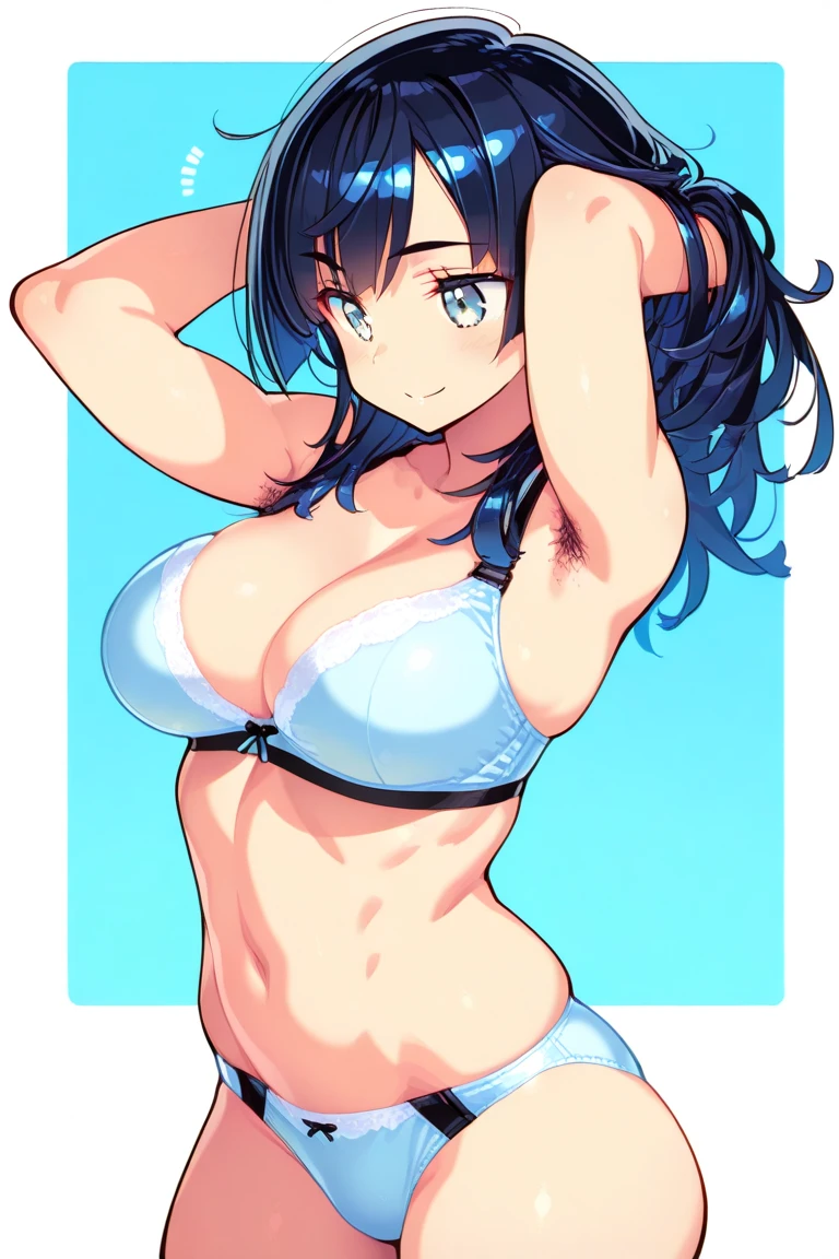 (masutepiece, Best Quality, High resolution:1.5, anime colours, megami magazine:1.2, anime poster style, anime keyvisual, sharp, 8k, photorealistic), (beautiful detailed eyes:1.5, beautiful detailed face:1.2), madoka ayukawa, 1girl, blush, (black hair, Long Hair), (sagging huge breasts), cleavage, (lingerie), upper body, (Perfect detailed Anatomy, beautiful detailed hair, beautiful detailed body:1.2, shiny skin), (thick outline, Beautiful outlines, black outlines), simple background