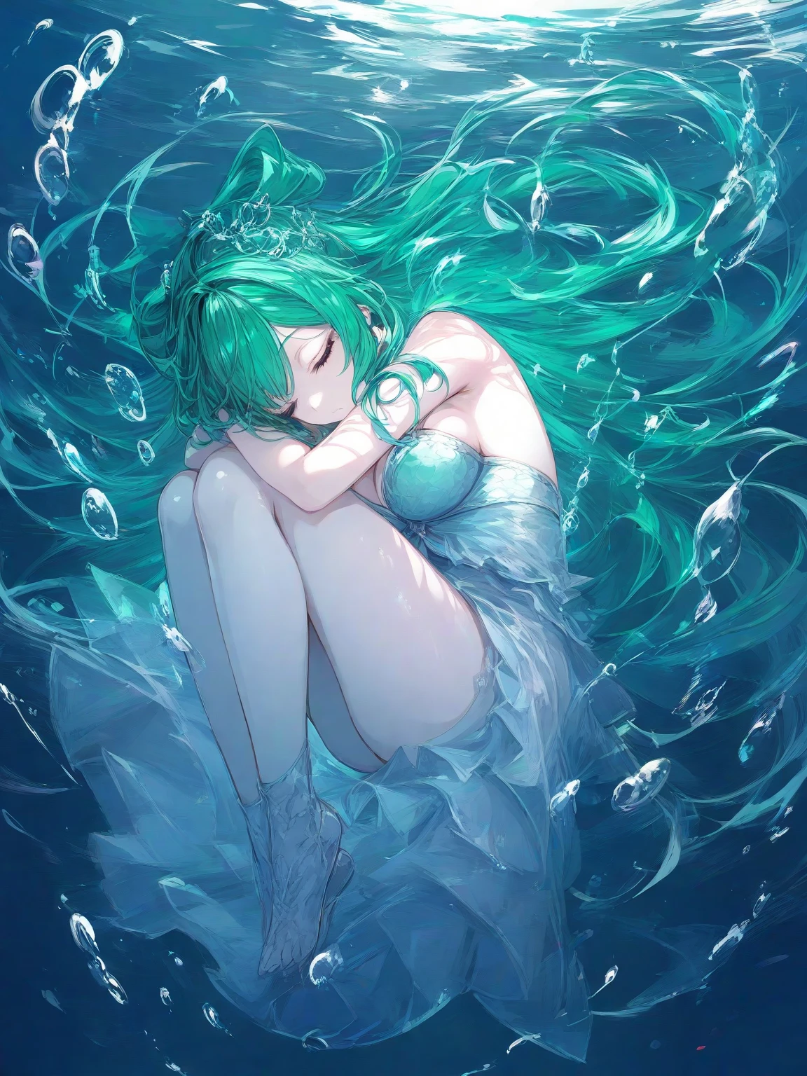 very detailed ,(full body view),[foot focus],anime,masterpiece,(a girl:1.1)  (many bubbles gush out of her) (very painful:1.23) (suffocating under deep water:1.3), (beautiful detailed face), (floating long hair), (struggling nervously,desperate), (distorted reflection), (best quality, highres:1.2)