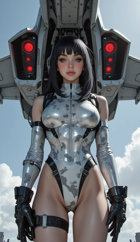Best quality, delicate face, 25 year old girl, slim body, mechanical body, golden body, robot skeleton, seaside, standing, beach, there are huge alien spaceships floating in the air, cyberpunk, sci-fi