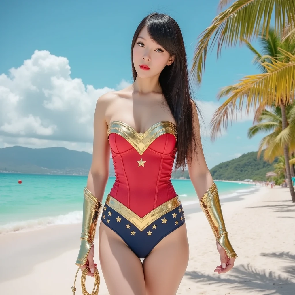 Ultra-realistic depiction, ultra-fine photo, highest quality, ultra high resolution, bright sunlight, full body portrait, (youthful Japanese adult woman), (stunningly beautiful style), ((super big breasts)), ((chestnut hair and semi-long hair that sits in the wind)), (detailed egg-shaped super cute face, refreshing big eyes), (((front view)), faint smile, ((high cut bikini type perfect wonder woman costume)) Combat pose, tropical beach, with dynamic weapons, (delicate beautiful body), high detail skin, realistic skin details, visible pores, sharp focus, 16K, UHD, digital, high quality, fair skin, view from below