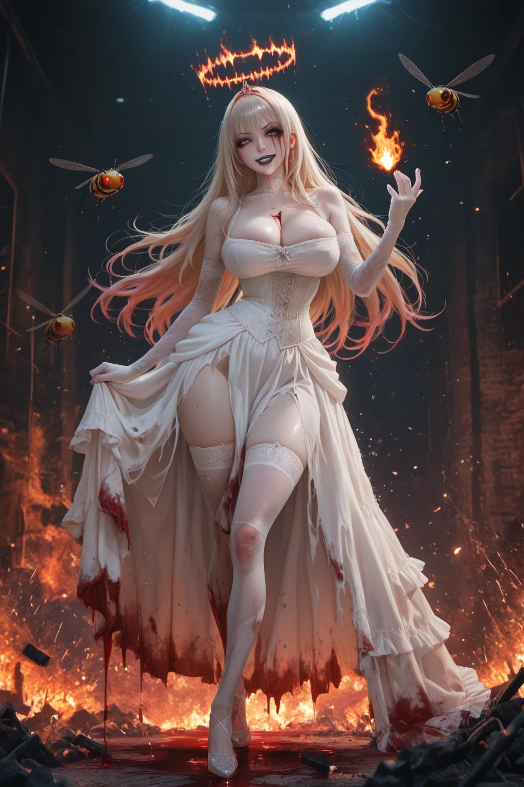 a beautiful female vampire wearing a ((blood stained: 1.5) white Cheongsam: 1.5), an extremely beautiful female vampire, ultra detailed face, blond hair, long hair, wavy hair, dark glamour make up, pale skin, red lips, (glowing red eyes: 1.2), visible (vampiric fangs: 1.2), she wears a ((blood stained white Cheongsam: 1.5)), elegant, intricate detailed Cheongsam, silk Cheongsam, small cleavage, ((Cheongsam is decorated with gems: 1.3)), she wears elegant knee high heeled boots, exquisite knee high heeled boots, there are stains of blood on the upper part of the dress, dynamic background, best details, best quality, highres, ultra wide angle, 16k, [ultra detailed], masterpiece, best quality, (extremely detailed), full body, ultra wide shot, photorealistic, fantasy art, dnd art, rpg art, realistic art, dark novel, Dark Art Painting Style