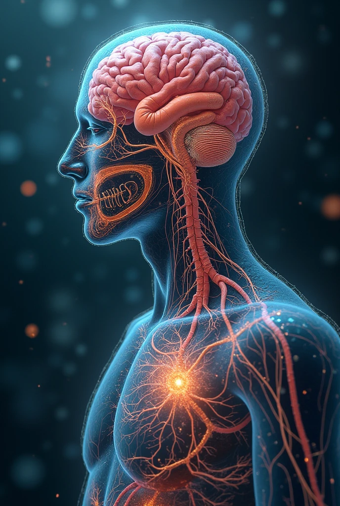 Image of a man in profile, visible nervous system, visible brain, visible intestine, colors