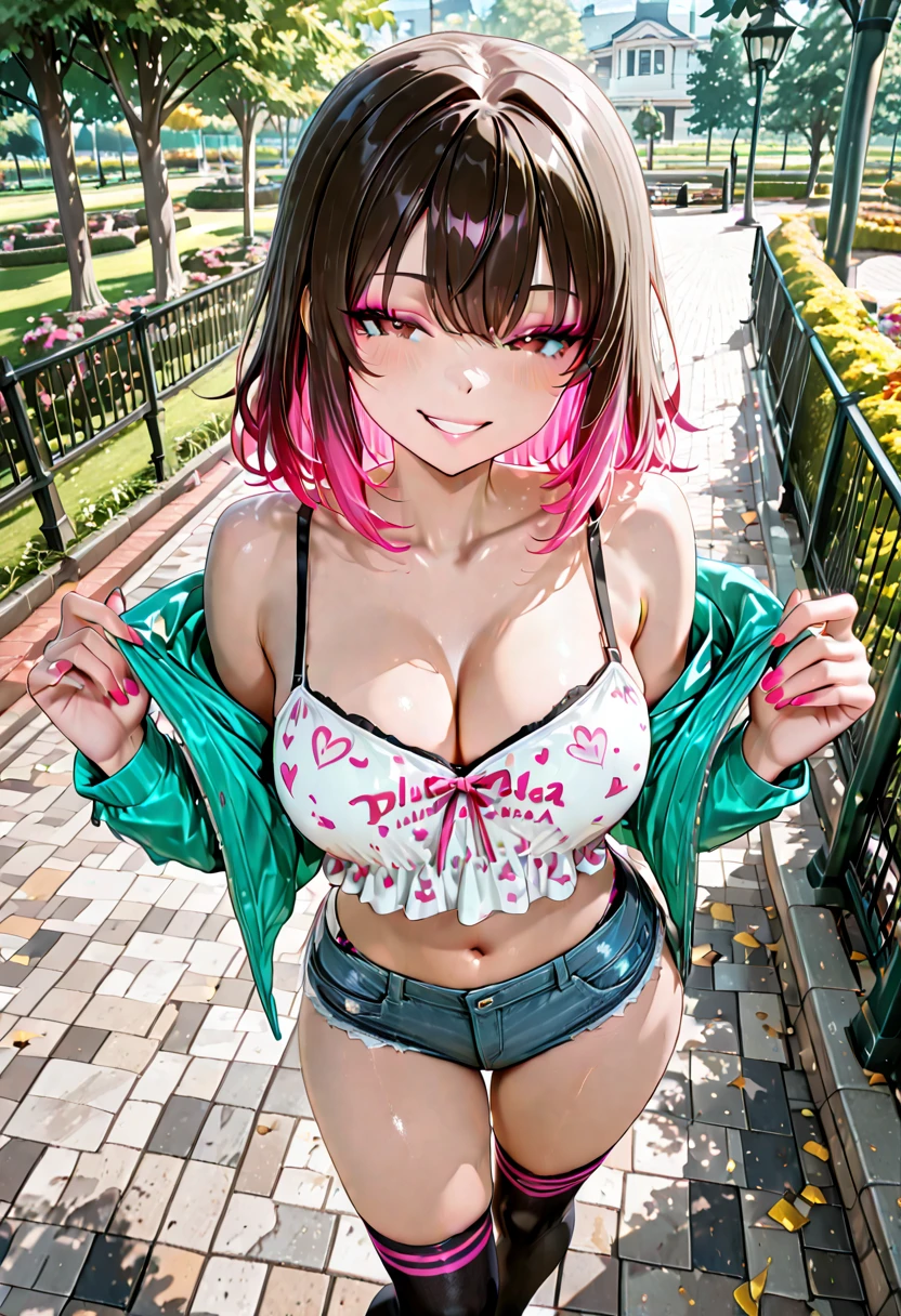 A beautiful girl going shopping, shopping bags in her both hands, on the street, in public, a beautiful day, black sleeveless blouse, blouse with a high neck, red mini circle skirt, pink panties, big rounds breasts, a pairs strap high heels, dark brown hair, long bangs, french braid, long hair, ponytail, wavy hair, expressive hair, shiny hair, hair flower, ribbon, jewelry, aqua eyes, glowing eyes, pupils sparkling, earrings, smiley, blush, happy, red lips, glossy lips, full body, defined thihs, waist thin, high detail, anime, anime style, depth of field, cinematic lighting, dithering, image fill, multiple views, atmospheric perspective, perspective, Wide-Angle, f/1.8, 85mm, Nikon, 8k, super detail, UHD, retina, masterpiece, accurate, anatomically correct, textured skin, super detail, best quality, highres, 16k