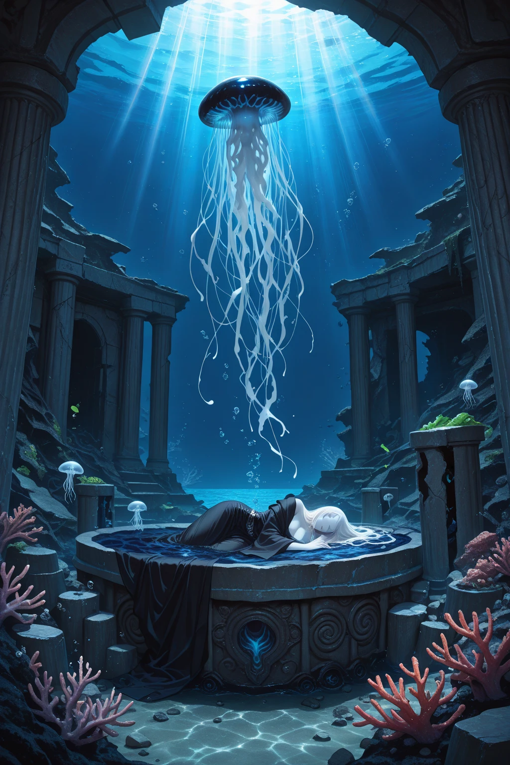 Amidst the inky depths of the ocean floor,a slumbering maiden rests,surrounded by a surreal and haunting underwater realm. The young girl,adorned in a tattered gown adorned with luminescent algae,lies gracefully on a bed of iridescent coral. Strange,bioluminescent creatures cast an eerie glow,illuminating the darkness. Enigmatic ruins of an ancient,forgotten city cradle the mysterious scene,and ethereal tendrils of seaweed dance in the gentle currents. The girl's closed eyes hint at the depth of her dreams,while a delicate aura of melancholy pervades the aquatic tableau. BREAK 1girl,solo,underwater,dark fantasy,sleeping girl,bioluminescent,luminescent algae,coral bed,ancient ruins,surreal,mysterious,seaweed,enigmatic creatures,ocean floor,ethereal,haunting,underwater city,abyssal dreams,melancholy,masterpiece,best quality,
(wide shot:1.3),