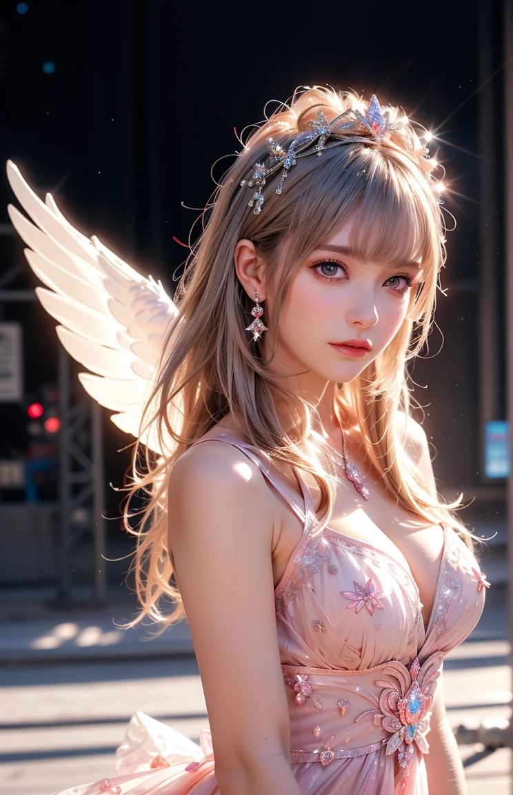 Ultra-detailed complex 3D rendering of the face, (Colossal: 8.8), (masterpiece, top quality, octane rendering, 8K), glamour shot full body image, cleavage, (highly detailed skin: 1.2), (exposure: 1.1), (blonde), (wearing a plummet tank top of gold silk: 1.5)), blonde hair, beautiful Caucasian woman with full soft breasts and white skin, one with big ass, long braided hair, big breasts, dynamic angle, mystical expression, ultra-realistic photography, (((((portrait))), bare feet, futuristic city background, facial muscles, detailed and beautiful queen tiara, in the style of Marvel Comics, clear focus, studio photography, intricate details, highly detailed, detailed yellow eyes, sharp focus, digital rendering, professional, abs, (((((sexy pose))), natural jungle, mouth open lightly, mansuji, crotch open, seductive look, angel ring, detailed angel wings, with balls of light,