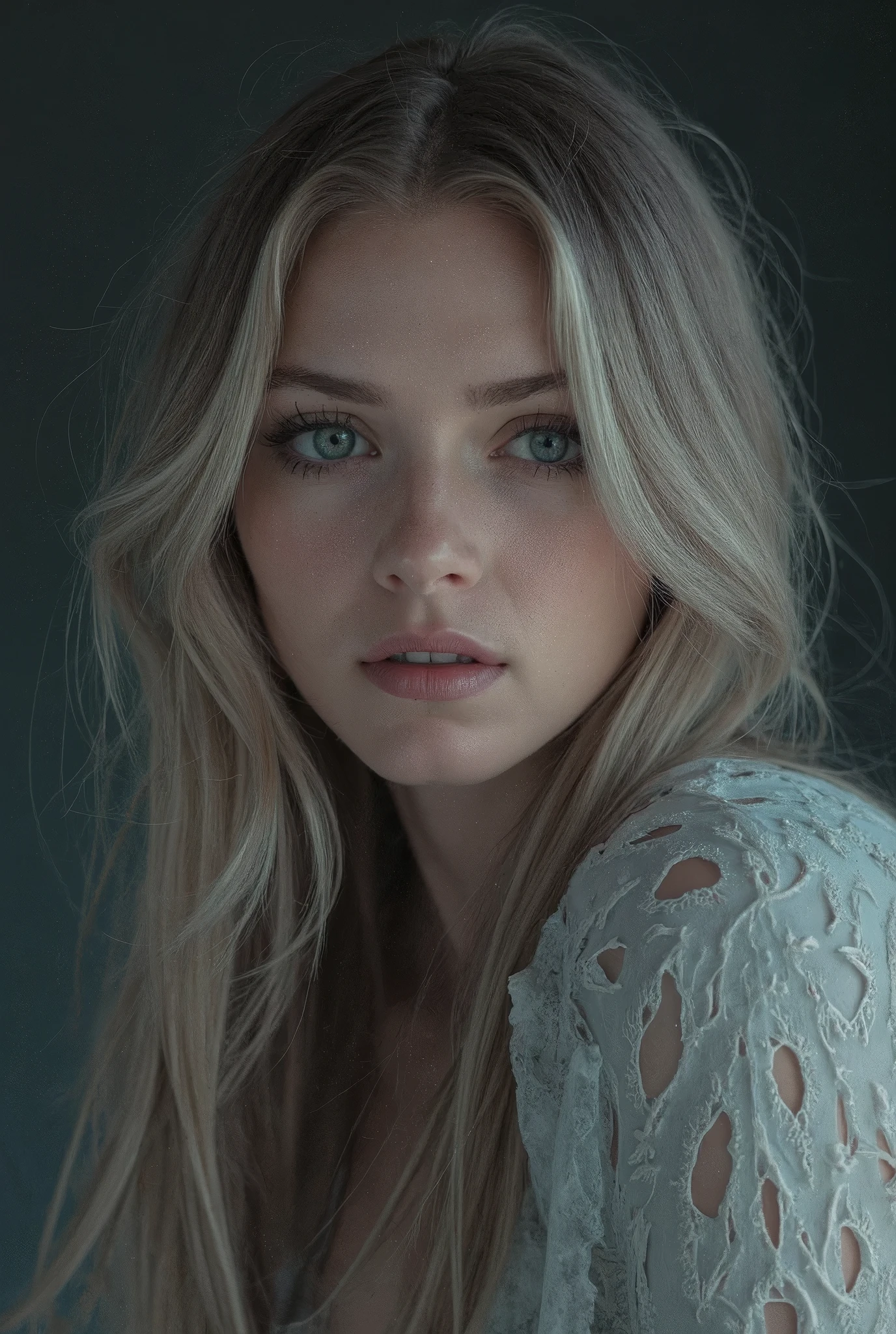 Portrait d'une belle femme slave, peau de porcelaine claire avec des nuances froides, visage en forme de diamant, haut les pommettes, yeux bleu clair avec de longs cils, cheveux raides blond cendré en vagues lâches, lèvres roses pleines, sourcils foncés et arqués, éclairage de mode doux, Détail Précis, esthétique de beauté élégante et froide