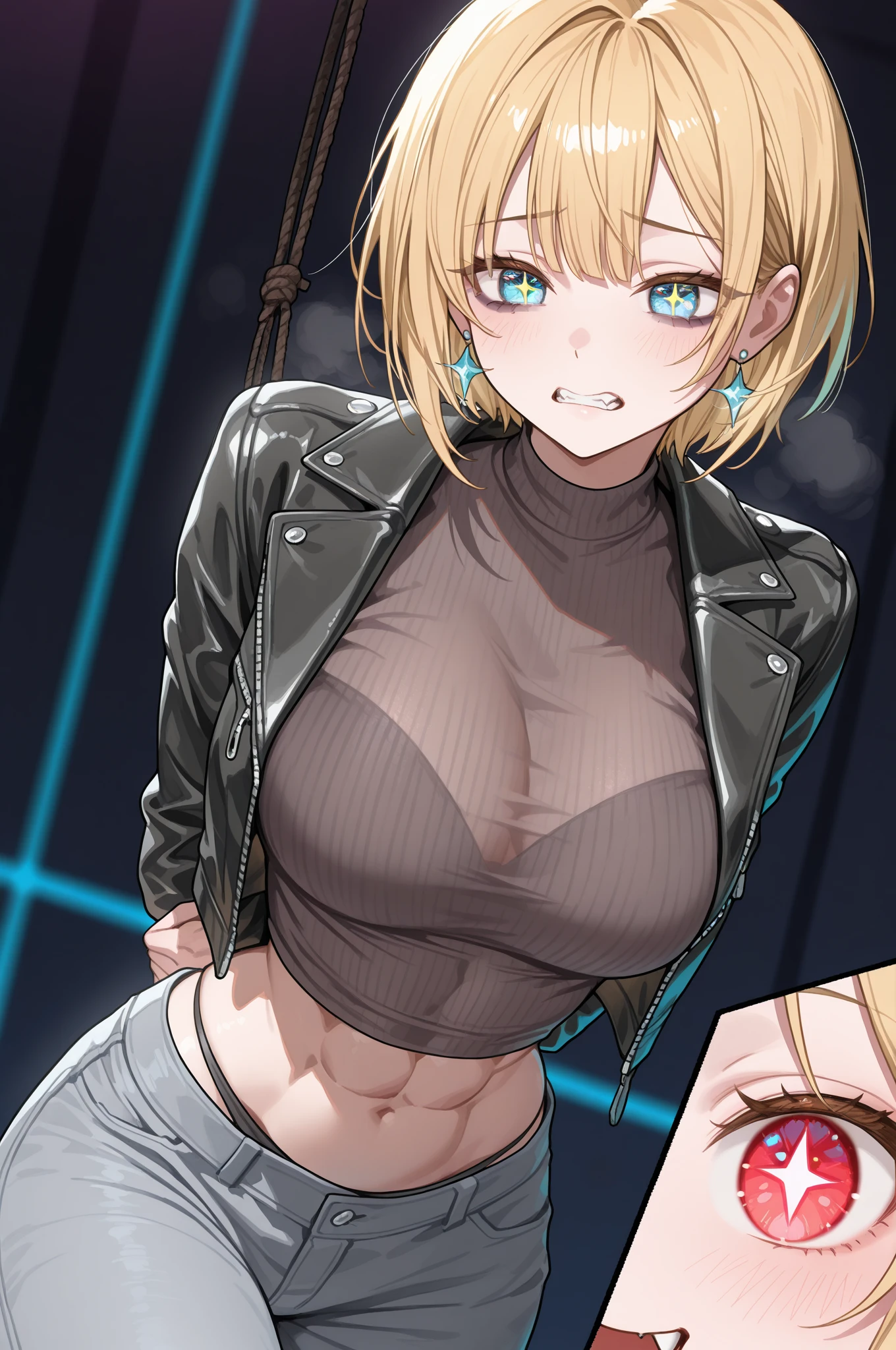 Beautiful anime portrait of a cute girl with short blond hair playing the drums, purple eyes, heavy eye shadow, dark eyeliner, stringy spiked hair, black lipstick, eyebrow piercings, ripped tight t-shirt, blue jeans, smiling, mature woman, garage, morning, sunny, black lipstick, eyebrow piercings, ultra detailed, masterpiece, 8k, volumetric lighting, dutch angle, torn clothes, cloth pieces, she has black lipstick