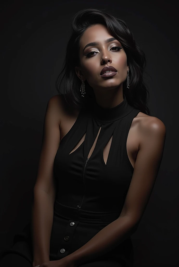 realistic portrait of an extremely beautiful Venezuelan woman, smiling, wearing a tight black Scuba Crepe 3/4 Sleeve Split V-Neck Sheath Dress, wearing a choker, detailed facial features, piercing eyes, wearing a headdress, elegant long eyelashes, beautiful lips, delicate nose, intricate jewelry, dramatic lighting, highly detailed, photorealistic, 8k, cinematic composition, dramatic pose, masterpiece