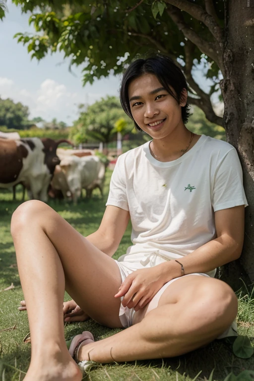Thai man,high school student,Cute handsome,16 years old,naked,A large penis for his age,Thai countryside,field,cow,buffalo