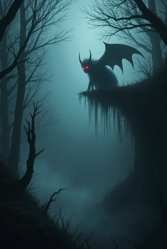 Dark creatures in the misty sky, with red eyes.