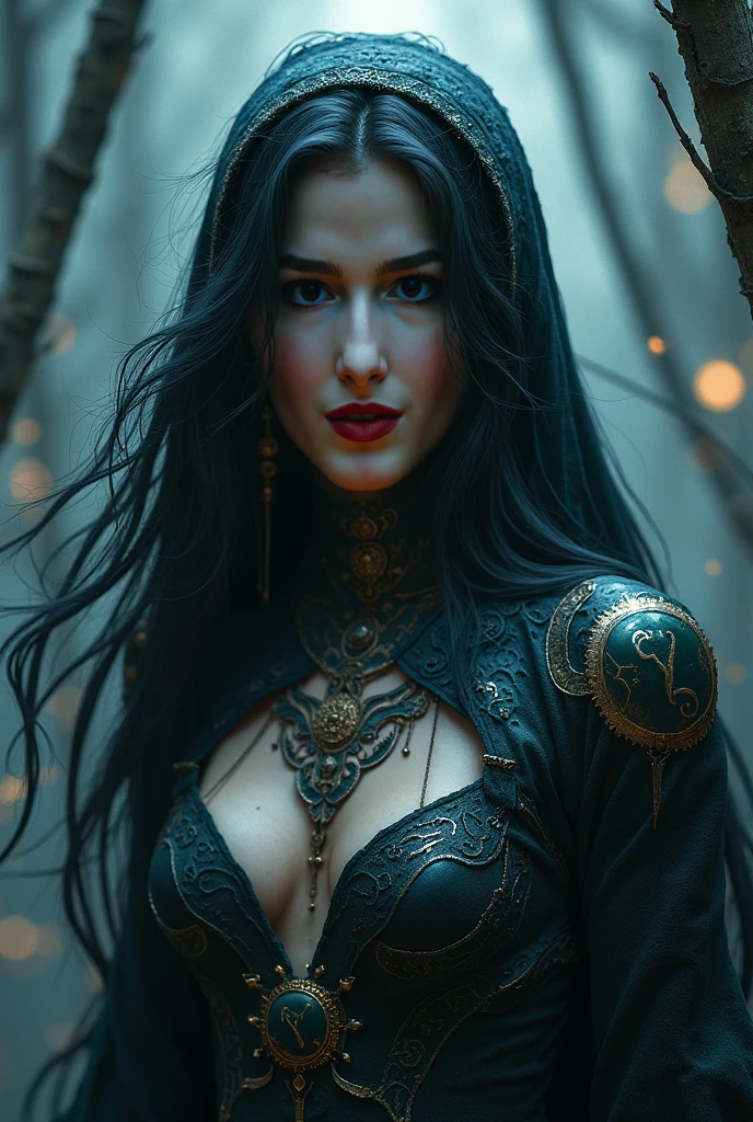 arafed woman in a black leather jacket with a feathered collar, yennefer, beautiful vampire female queen, seductive cyberpunk dark fantasy, in style of dark fantasy art, beautiful vampire queen, yennefer of vengerberg, dark fantasy style art, dark fantasy style, beautiful elf with ornate robes, dark fantasy character design, portrait of a sorceress
