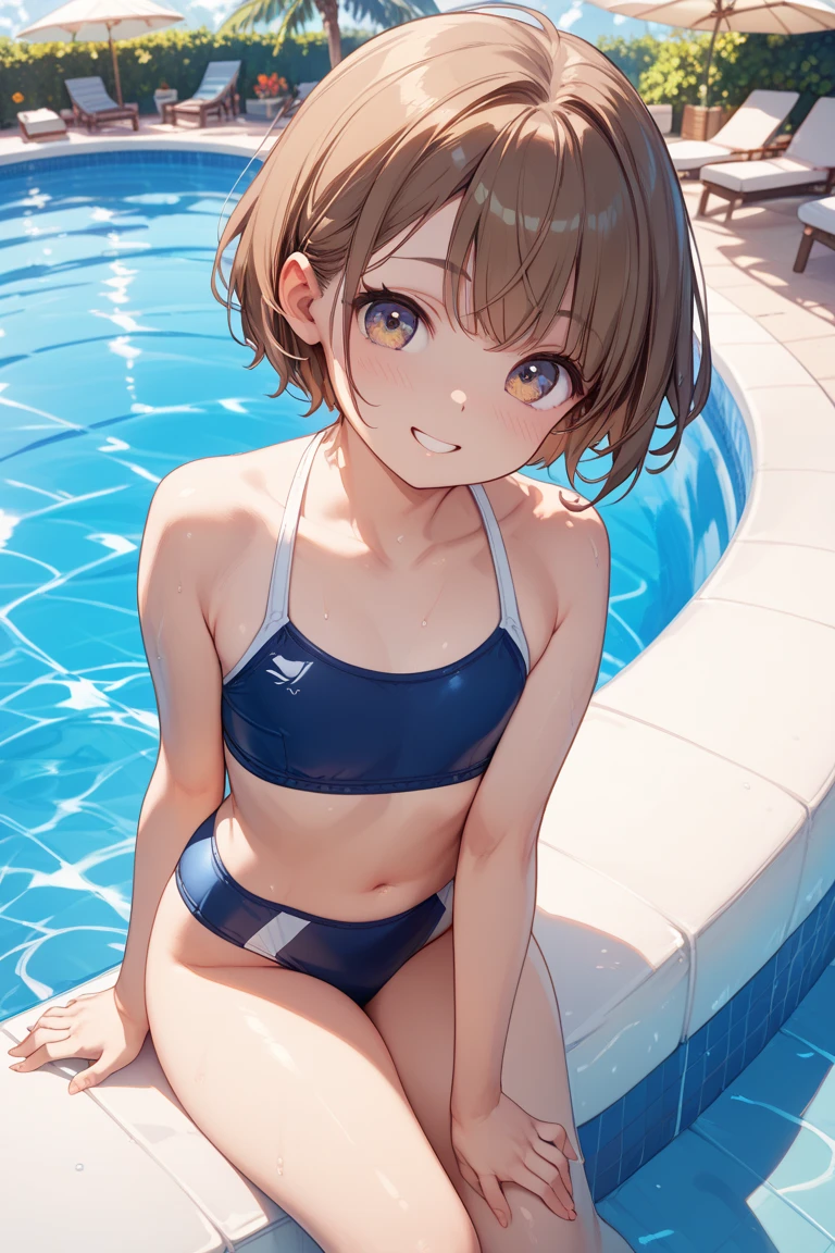 Highest quality,8K,High definition,Masterpiece,Cute like a little sister,Light brown hair,lob hair,With bangs,navel,,Poolside,
