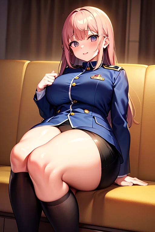 Angle from below, ((heavy makeup)), glaring at me, slightly angry, mouth slightly smiling, shiny black stockings, chest wide open, ((black costume made of enamel material)), A woman in a uniform wearing a hat and sitting on a chair, Misato Katsuragi, Anime Maid SS Military, Suzusen/Udunkain/Inaba, [32k HD]^10, Another World, That Time I Got Reincarnated as a Slime, Written by Yukika Kamisaka