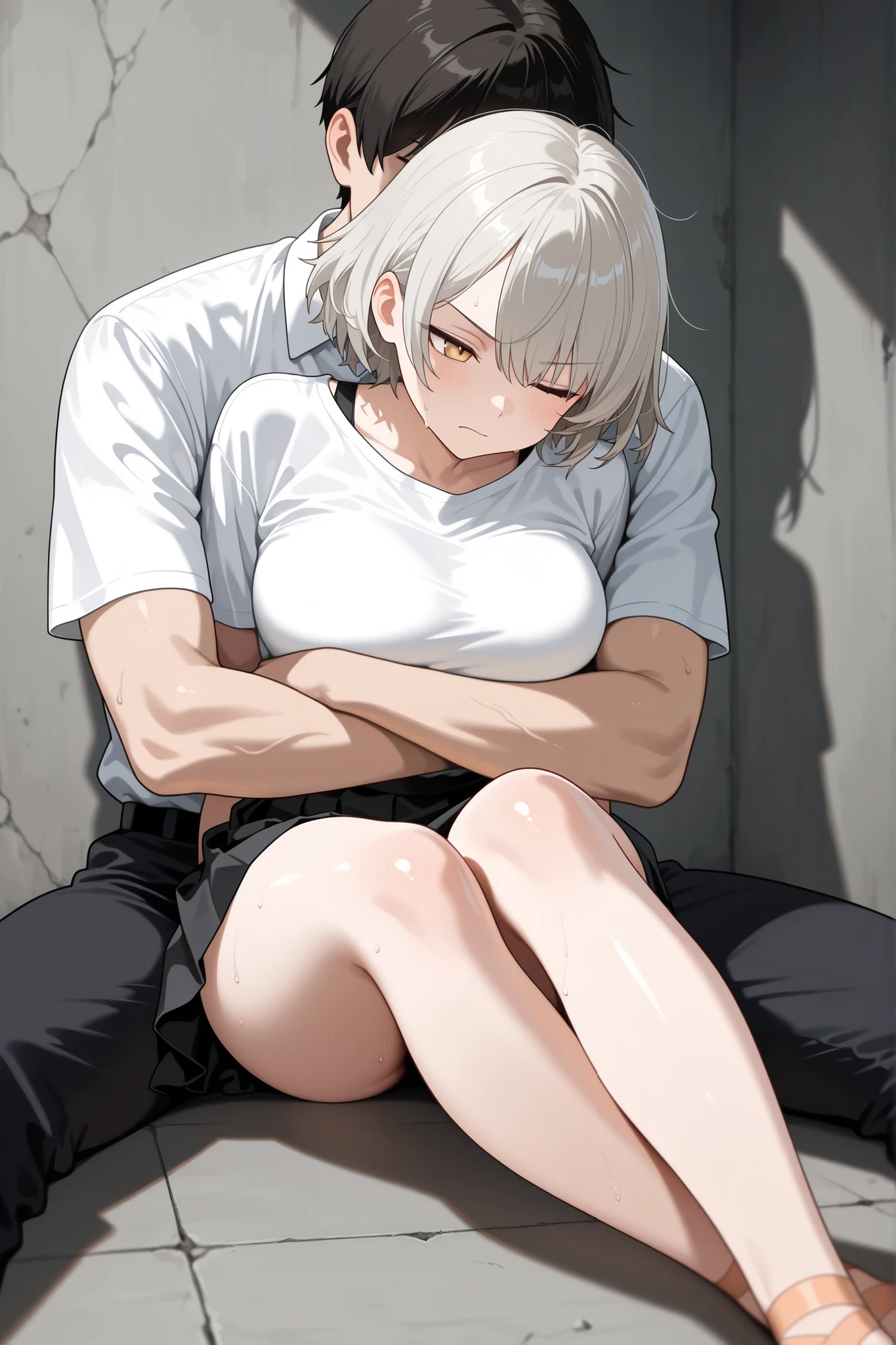 short girl and half-naked black man, A girl wearing an oversized plain T-shirt seduces the viewer while staring at him., view from bellow, healthy thighs,(Ahegao:1.5, roll your eyes 、netorare face:1.5),
, , (evil smile:1.2), off shoulder,(Wet), long sleeve, sunburned skin, Saucy,( blush, Naughty play from behind, NTR composition、wet、)
((Perverted sweaty half-naked man puts his hand on the girl's shoulder:1.2)),
absurd solution, Super detailed, highest quality, cute illustration,