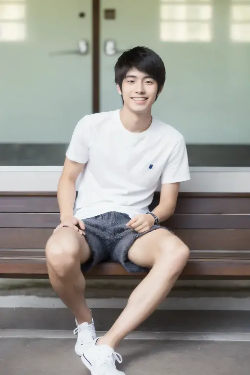 Japanese, male, university student, Wearing shorts, Sitting, ((full body)), (super sharp focus), (Hairy legs), smile, Anatomically correct, 