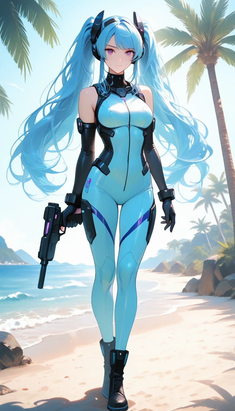 humanoid robot, 1girl, solo, tank top, panties, blue hair, long hair, chinese ethnicity, robotic joints, medium breasts, cleavage, white and grey skin, blue eyes, outdoors, beach, sunlight, day, standing, skinny, athletic, from behind, lying on stomach, loose tank top, looking back at viewer, tabk top lift, clothes lift, presenting breasts,