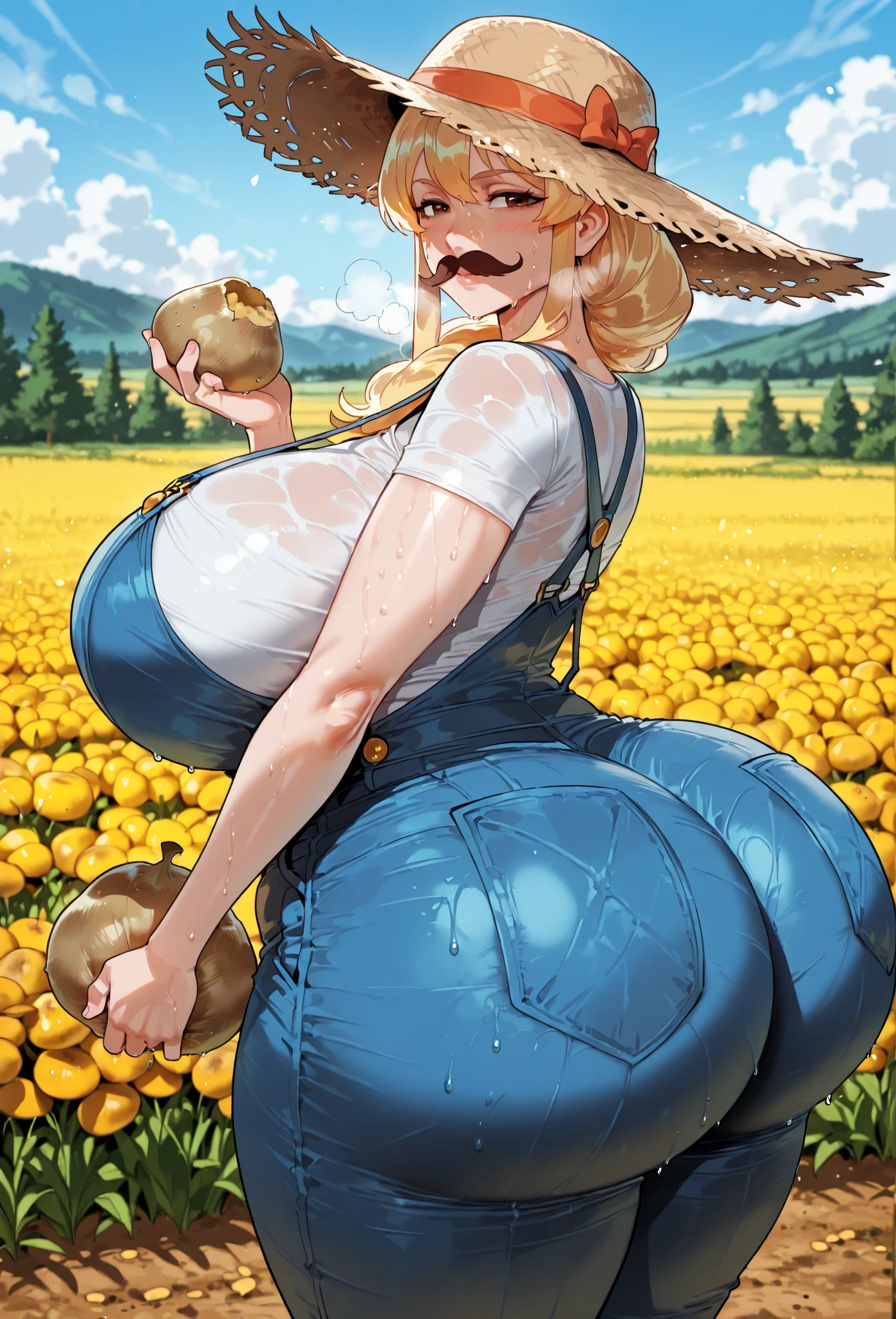 (masterpiece, best quality, highres, detailed, realistic:1.2), english woman, teenager, young, beautiful face, detailed face, (gigantic breasts:1.6), (nagatiti:1.6), cute, innocent, shy, withdrawn, thin, slender, (ecstatic expression:1.3), blushing, garden, flower bed, lactating, (cargo trousers:0.5), panama hat, subglasses, topless