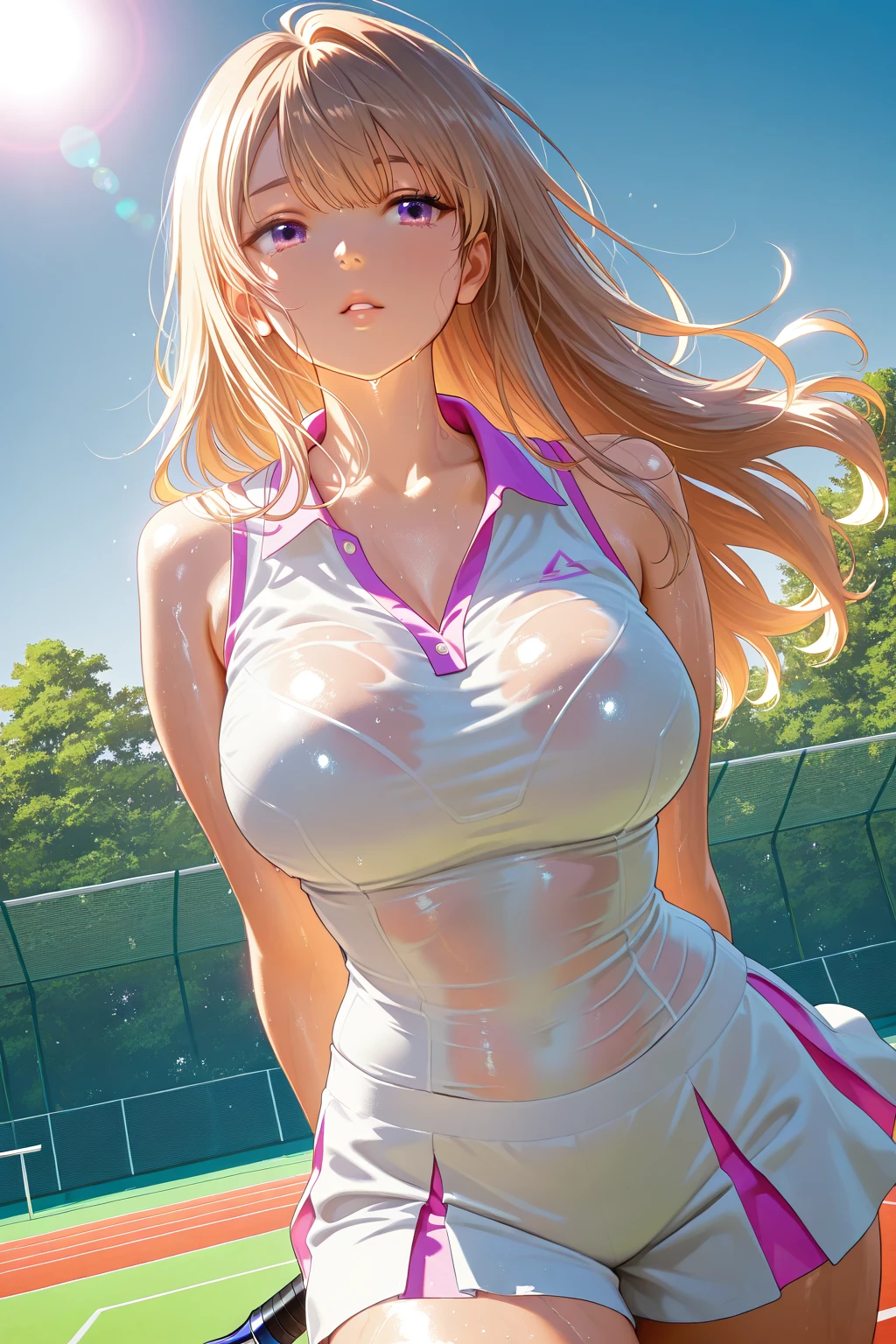 A beautiful young woman playing voley. She is wet for sport. Big breasts. close up photo. Hyperreal 
