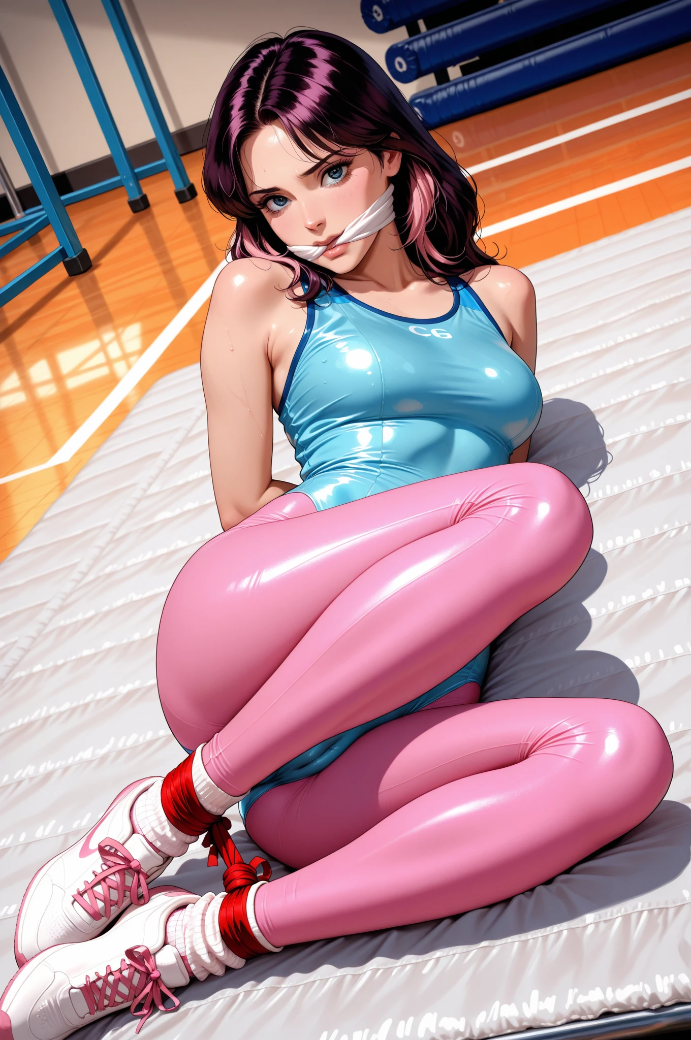 Woman in pink bodysuit lying on the floor, photorealistic anime girl render, realistic anime, an anime girl, pink twintail hair and cyan eyes, Pink body, Cute anime girl rendering, Smooth Anime CG Art, Realistic anime style, pink girl, Character Real, Lying Dynamic Pose, bubblegum body