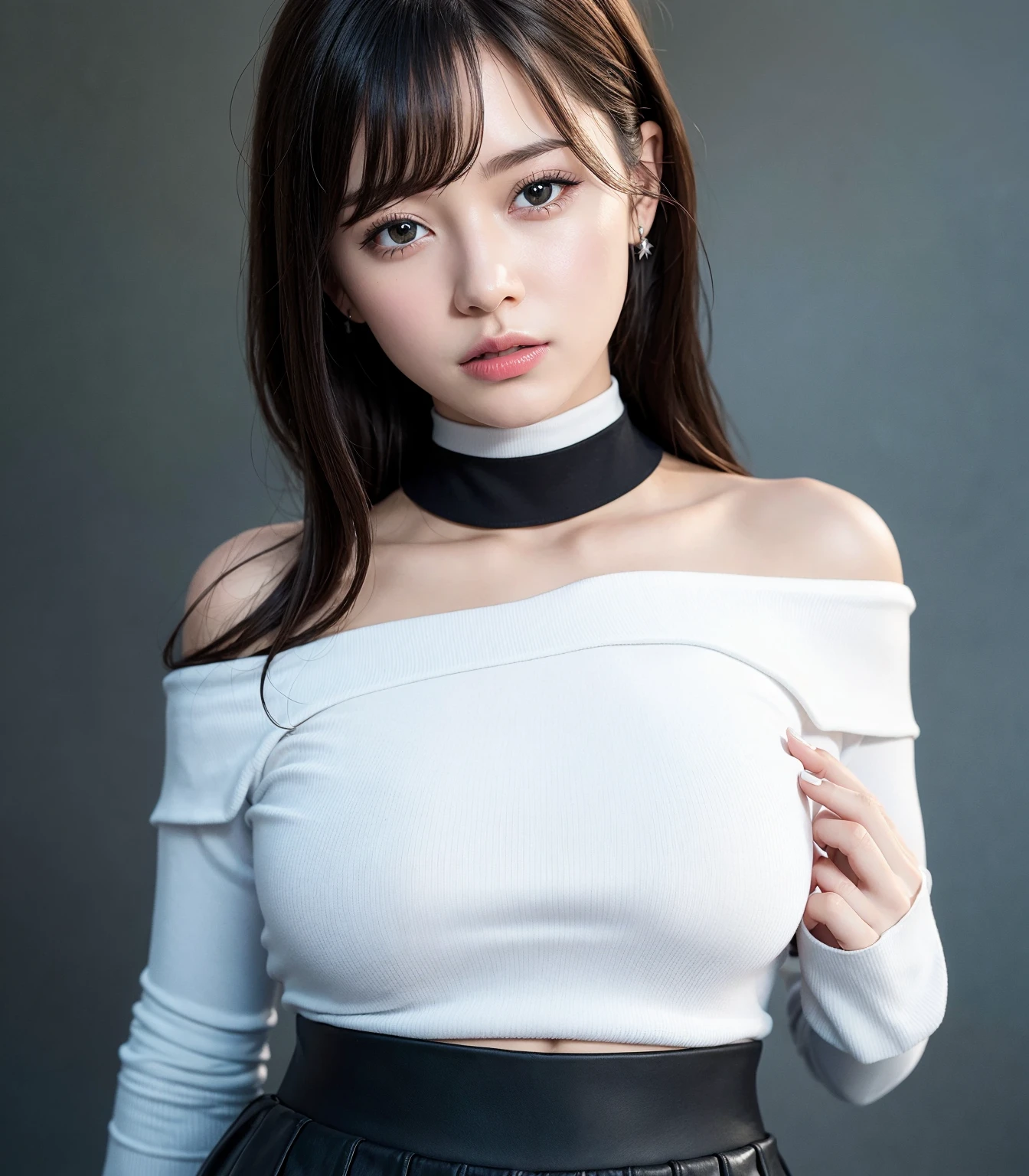 best quality, ultra high res, (photorealistic:1.4), 1girl, off-shoulder white shirt, black tight skirt, black choker, (faded ash gray hair:1), looking at viewer, Cleavage、tits
