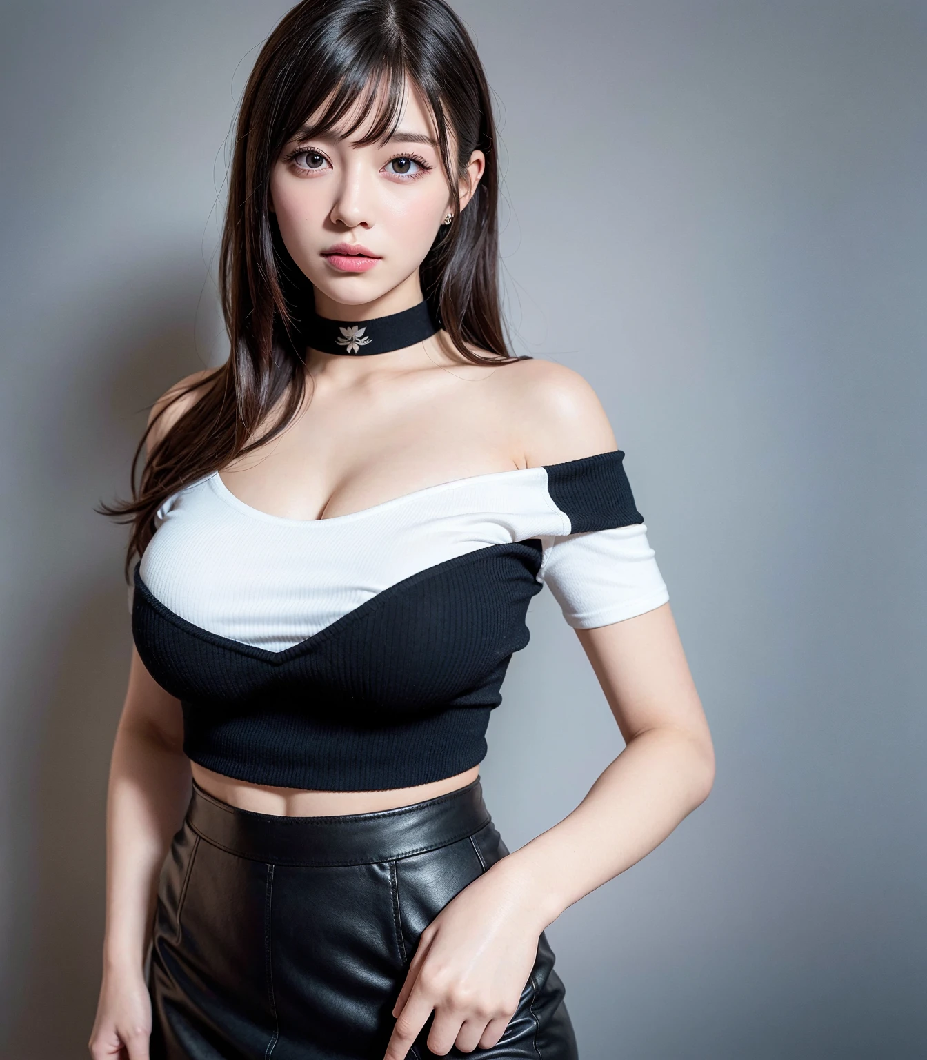 (detailed skin:1.2),(shiny skin:1.1),8k,best quality, masterpiece, ultra high res,(photorealistic:1.4),(soft saturation:1.3),(fair skin:1.2),1woman, young, japanese, brown hair, brown eyes, medium hair, asymmetrical hair, wavy hair, asymmetrical bangs, makeup,(lipstick:1.1),(eyeliner:1), mascara, eyeshadow, glamor, large breasts, grid girl costume and sponsor logo, (turtleneck navel cutout:1.1), (pleated mini skirt:1.1), in racing circuit and large crowd, chest up
