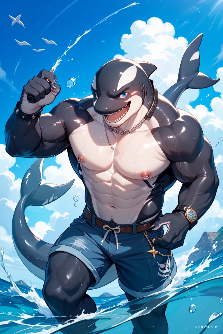 Empty,(shark, finless shark), Humanity,4 fingers, water蓝色的眼睛, blue pants, White shirt, male, muscular, muscular Humanity, muscular male, Tail, external, plant, light blue body, Ocean, alone, tree, (water), deTailed background,By Ruhu1145,author:Takemoto Arashi,through empty ghost, cold atmosphere, open smile, soft blue blush