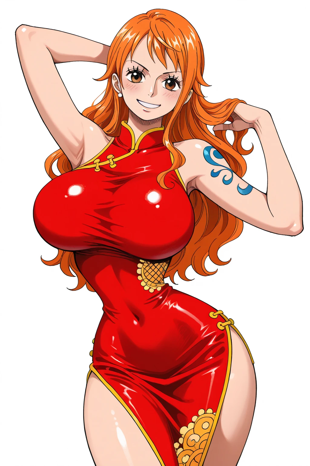 big lips, us&#39;The skin (One piece), pink eyes, japanese face, improve, improve grin, two sides up, huge breasts, Wide hips, sexy, detailed, pink room, Hits, (evil smile1.4), kawaii, fold us (One piece), One piece, GOOD, nami costume (One piece), fold us (One piece), camisa nami (One piece), choker, fold us (One piece), camisa nami (One piece),navel piercing, cosplay de nami (One piece)