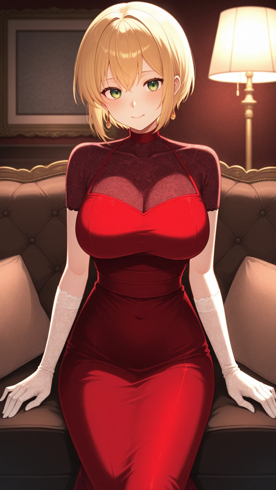(8k、highest quality、masterpiece:1.2)、(endless realism、lifelike:1.37)、Ultra-detailed,(behind focus:1.5),(1 girl:1.3),whole body,adult,milf,Mommy Fei,(blonde hair:1.2),short hair,(Bob Hyde),green pupils,cyan lips,huge saggy breasts,suspender style evening dress,(Gorgeous ball gown:1.3)+(The deep V-neck top exposed a large area of breasts:1.35),indoor,(Noble mansion),(Luxurious Roman style decoration:1.4)