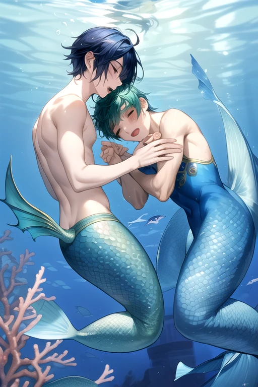 Moba games character concepts design,two male person
young man,17 year old, mermaid,fullbody,cute,tall, sixpack, blue messy hair,blue sleepy eyes, naked,blue mermaid tail ,golden accent .
man 20 year old,handsome , muscular,sixpack,tall,black hair, yellow eyes, wearing black tight crocodile armour,tight black panties,
they are dating ,gay couples,loving at each other,holding hands,hugging,they having sex,background underwater,romantic scene,kiss,make it in Moba games concepts design art style