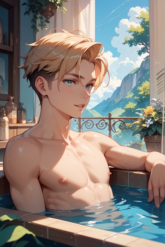 greek,blonde hair,boy,blue eyes,beautiful detailed eyes,beautiful detailed lips,white toga,ancient greece,olive trees,marble columns,hands on hips, 1 boy、laying in the open-air bath、green eyes、hot onsen, water vapour,Cat ear,bright sunlight,best quality,ultra-detailed,realistic,vivid colors,portraits,colorful,soft lighting