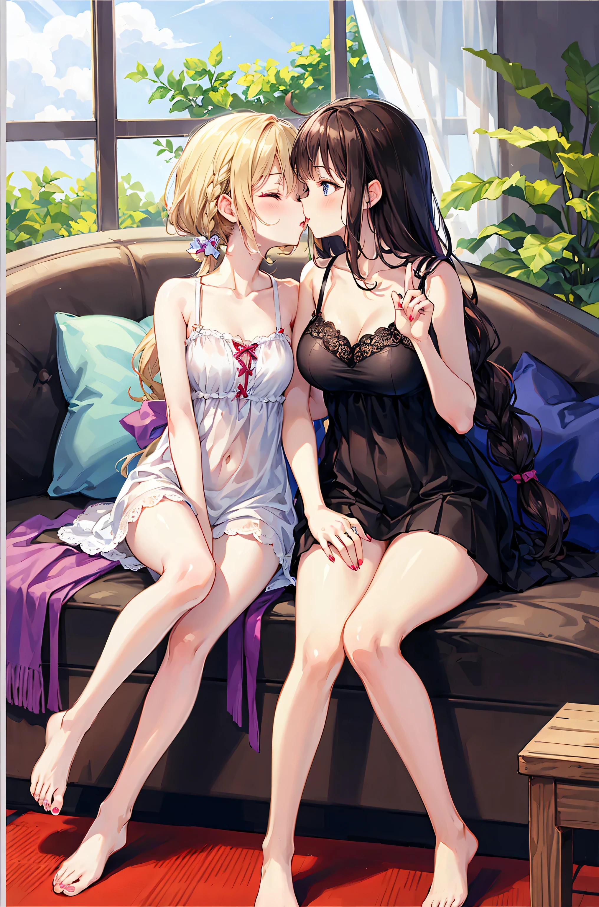 Yuri , 2 girls, Yuri, dress, sofa, Long Hair, plant, Eyes closed, window, indoor, Sitting, Blurred foreground, on sofa, white dress, Blurred, Exposing shoulders, moon, potted plant, Written boundary depth, Sleeveless dress, Blonde, Sleeveless, chest, black dress, Black Hair, pillow, Bottle, Bare arms, full moon, night, Book, blush, Embarrassing,very Long Hair, clavicle, chestの谷間, cup, bangs, null, Brown Hair, medium chest, Wavy Hair, curtain, Spaghetti Straps, cushion, Particles of light, profile,high school girl ,16 years old、Brown Hairのポニーテール,French kiss, barefoot,Underwear is visible,Fingers in the crotch,小さいchest,Small Ass,beautiful profile,((Highest quality)), (Very detailed), (High-definition CG synthesis 8K wallpaper), 高いly detailed, 高い-definition raw color photos, Professional photography, (((Bokeh))), Written boundary depth,French kiss
