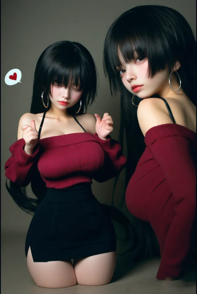 Masterpiece, best quality, 1 beautiful girl, Asian girl, Japanese, detailed eyes, big eyes, double eyelids, puffy eyes, dark hair, red cardigan, cleavage visible, (dark hair tied in twin tails with red ribbons: 1.4), beautiful skin, smile, pool, black eyes, 18 years old, looking straight ahead, gaze in front, convent, realistic photo, sexy, slender,