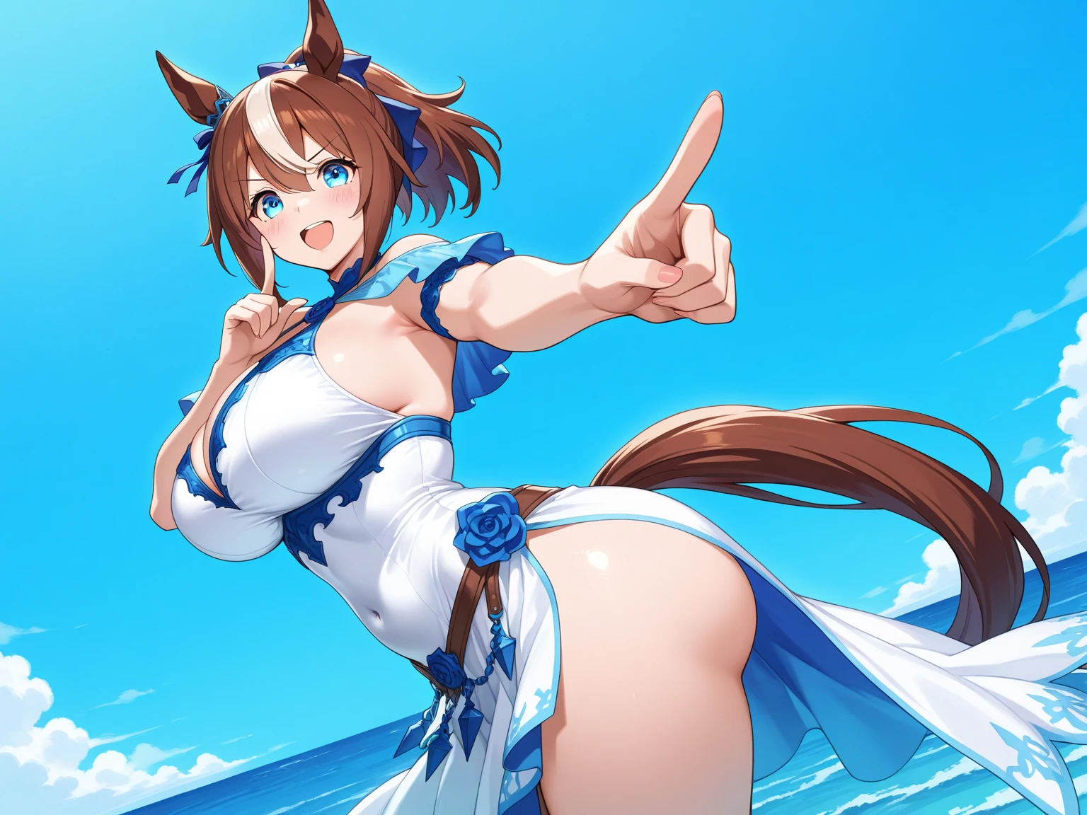By blade (galaxist) , 1 Daitaku helios /(umamusume/), horse girl, full-body, fantasy theme, defeat, stone wall, dungeon, prison, arms up, restrained, against wall, blush, ponytail, sweat, shiny skin, torn clothes, chain, cuffs, official art, beautiful color, detailed, amazing quality, rating: explicit