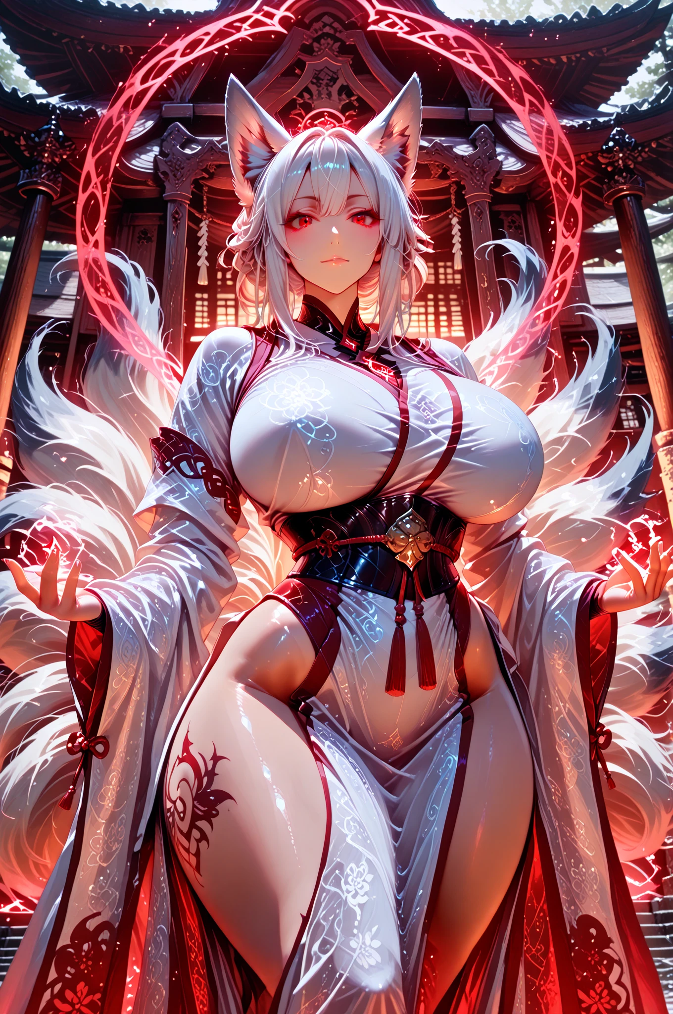 actual, , white hair, big eyes, Smile，open mouth，big breasts，glowing eyes，open lips, blush, daytime，background orc ears，Fox fairy，Kimono decoration，sexy，exposed，charming smile，Half-dressed kimono，white fox ears，White pink fox tail，high thigh slit，，Exquisite background，Mature，red background，Warm colors，red sleeves，Bright colors，white hair，Sense of lens,Lying in bed，Mature women