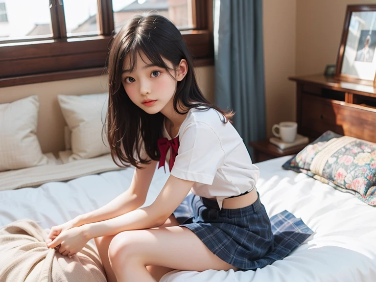 A junior high school student in shorts lies on the bed