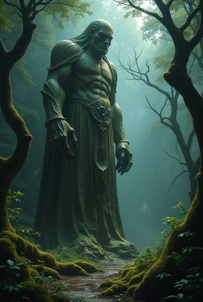 (best quality, masterpiece), dark fantasy world, broken statue of Fallen God,  damaged, covered with moss, forgotten, standing on the side of a path in a dense forest, thick fog, (hints of magical aura,evoking a sense of mystery), (sinister and otherworldly, supernatural presence, ethereal ambiance), mistical