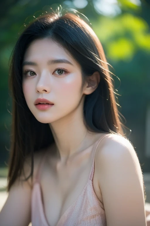 gorgeous Asian woman with dark hair, ((detailed facial features)), (finely detailed skin), pale skin, realistic skin texture, extreme skin details, best quality masterpiece, photorealistic, hyperrealistic, detailed, 8k, HDR, shallow depth of field, broad light, high contrast, backlighting, bloom, light sparkles, chromatic aberration, sharp focus, RAW color photo