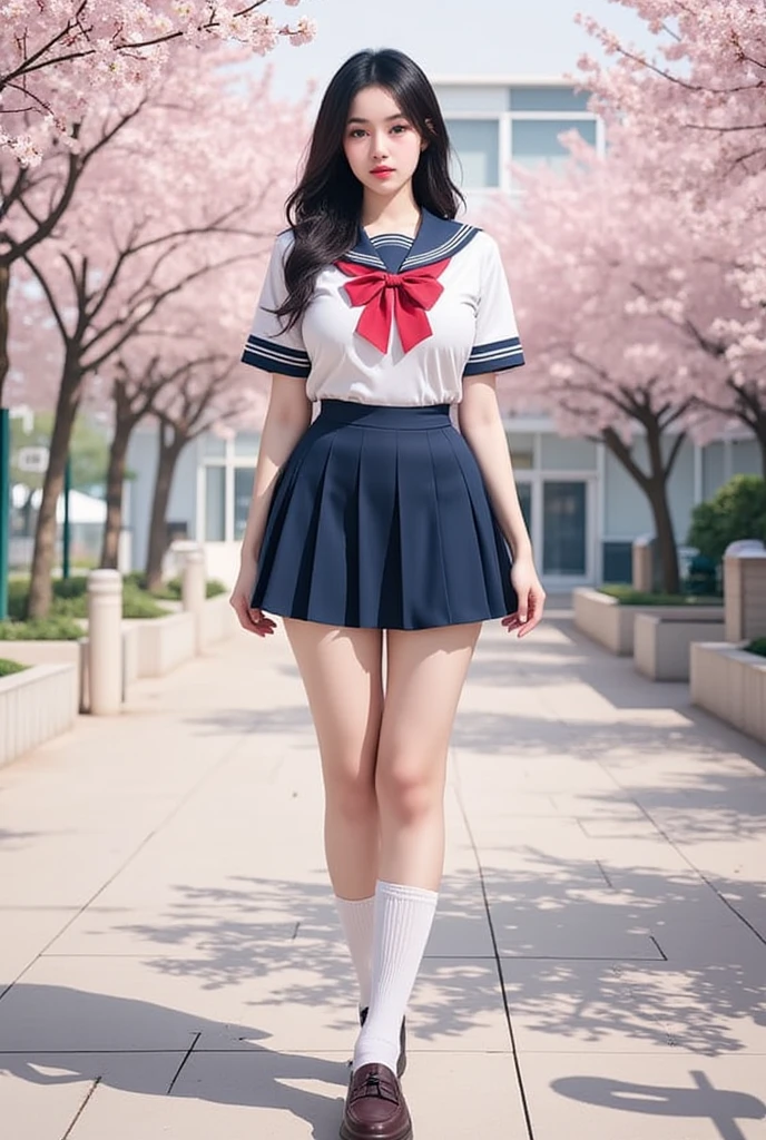 8k UHD、Digital single-lens reflex camera、High resolution、shallow depth of field、Natural light、(((sailor suit)))、(((Dark blue super mini skirt)))、(((full body shot)))、small person、(((young face)))、1 Japanese girl、16 years old; beautiful girl、(black hair)、(((brown eyes)))、Glossy skin、smooth thin hair、long hair、detailed background、highly detailed eyes and face、clear eyes、cute smile、Calm atmosphere、(((climb the stairs)))、(((detailed small breasts)))、(((beautiful eyes)))、petya pie、children `s、(((tight thighs)))、(((white panties)))、(((angle from below) ))、(((detailed lips)))、(((The skirt is fluttering)))、beautiful shining legs、((nsfw))