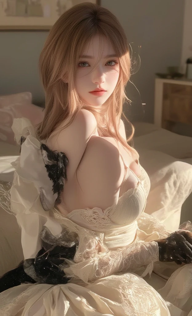 1 girl, Princess peach, blonde hair, long hair, blue eyes, soft, soft light, delicate, frills, vagina, dripping cum, (small breasts, exposed breasts, nipples), frilly, smirk, bows in hair, thighhighs, filigree, choker with bow, ruffles, high heels, sexy pose, pink petticoat, cat ear headband, open mouth, looking at viewer, leaning forward, soft pillows, very excited, blushing